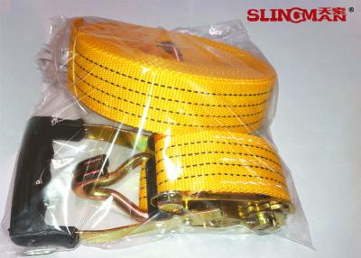 China 50MM Polyester Ratchet Tie Down Straps Yellow With Ratchet And Two Double J Hook for sale