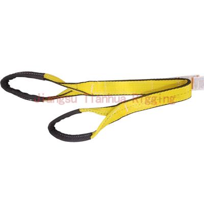 China Yellow Polyester Web Sling have one Blue Stripe in the middle of webbing, 9800 #/inch 2Ply, Twisted Eyes Each End for sale