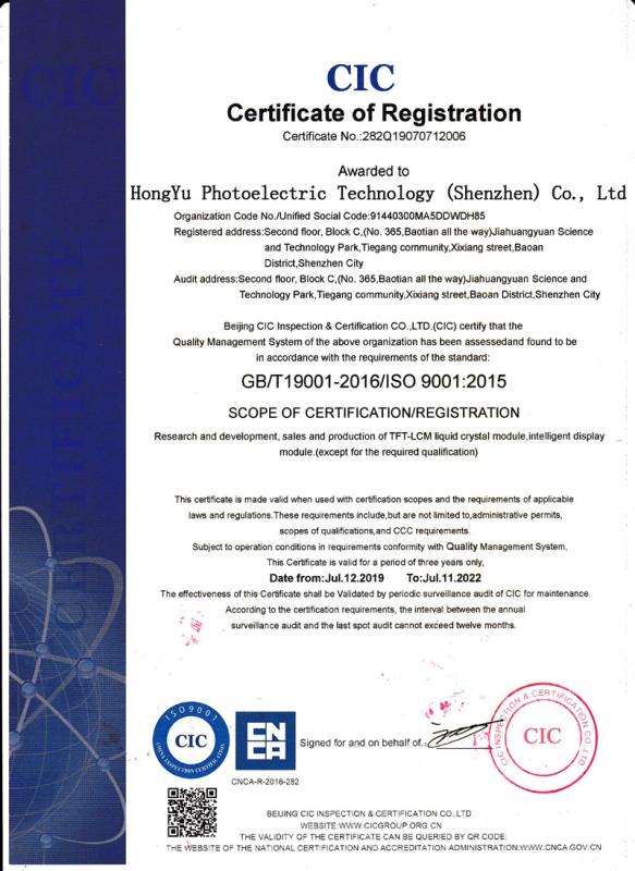 Certificare of Registration - HongYu Photoelectric Technology (Shenzhen) Co., Ltd