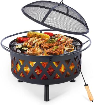 China Round Portable Wood Burning Fire Pit Camping Bonfire With BBQ Grill for sale