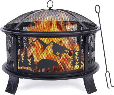 China Round Metal Fire Bowl Outside Metal Barbecue Fire Pit With Spark Screen Fire Poker for sale