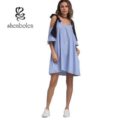 China Las ropas informales de las mini del cambio mujeres elegantes de la túnica tratan vertical con frialdad azul rayadas en venta