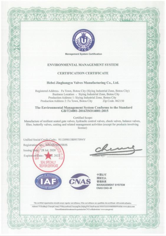 ISO14001 - Hebei Jinghangyu Valve Manufacturing Co., Ltd.