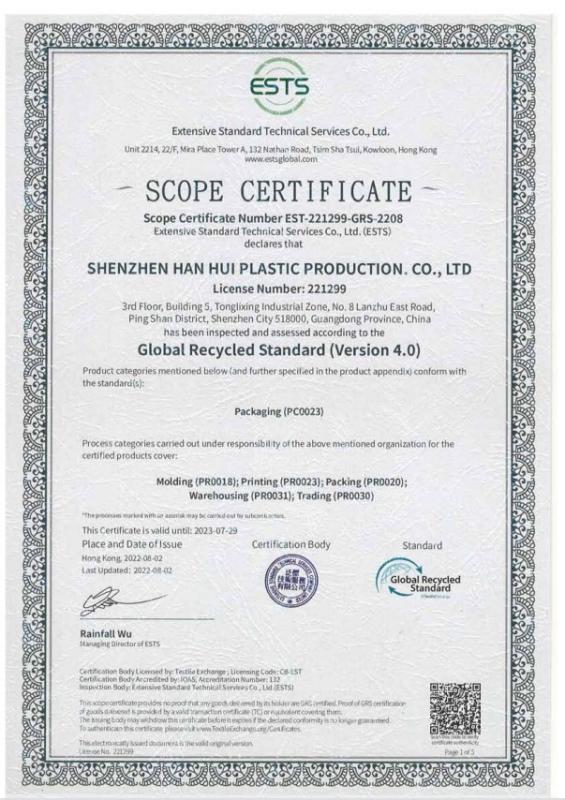 Global Recycled Standard - Shenzhen Han Hui Plastic Production Co., Ltd.