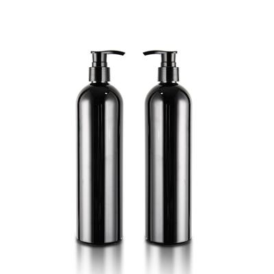 China Black Color 480ml Boston round Plastic Shampoo Bottles With Dispenser Pump for sale