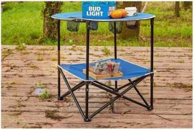 中国 円形の超軽量のオックスフォードのキャンプのチェアー テーブルはカップ・ホルダーが付いている旅行折りたたみ式テーブルをセットした 販売のため
