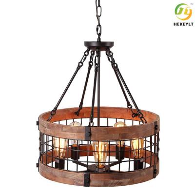 China 5 Heads Round Wooden Living Room Guest Bedroom Hotel Nordic Pendant Light for sale