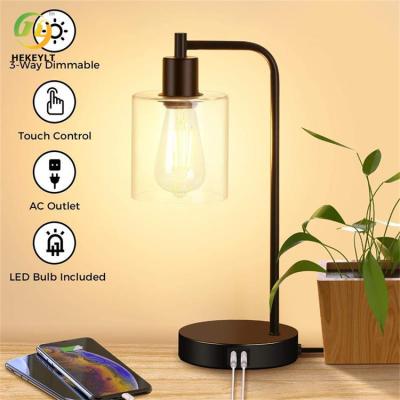 China Modern Touch Console Light with 2 USB Ports and AC Outlet with Glass Shade 3 Way Dimmable Bedside Table Light for sale