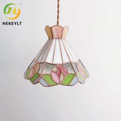 China French Retro All Copper Glass Colorful Rose Pendant Light Hallway Dining Room Bar Lamp for sale