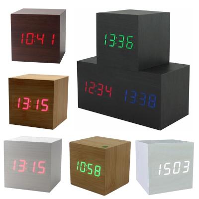 China Hot USB/AAA Powered Cube LED Digital Alarm Clock Square Modern Sound Control Wood Clock Display Temperature Night Light for sale