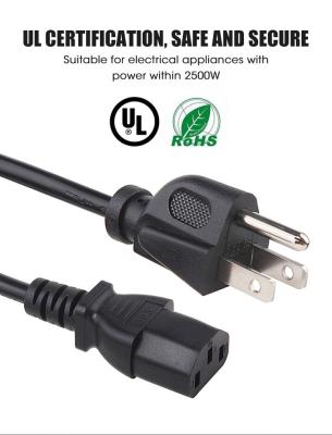 China Cable de alimentación estadounidense de chaqueta negra 125V 16AWG para dispositivos electrónicos UL 3 Pin Plug en venta