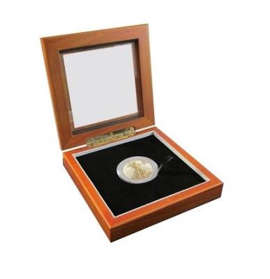 China Wood Grain Square Corner Commemorative Coin Boxes With Glass for sale