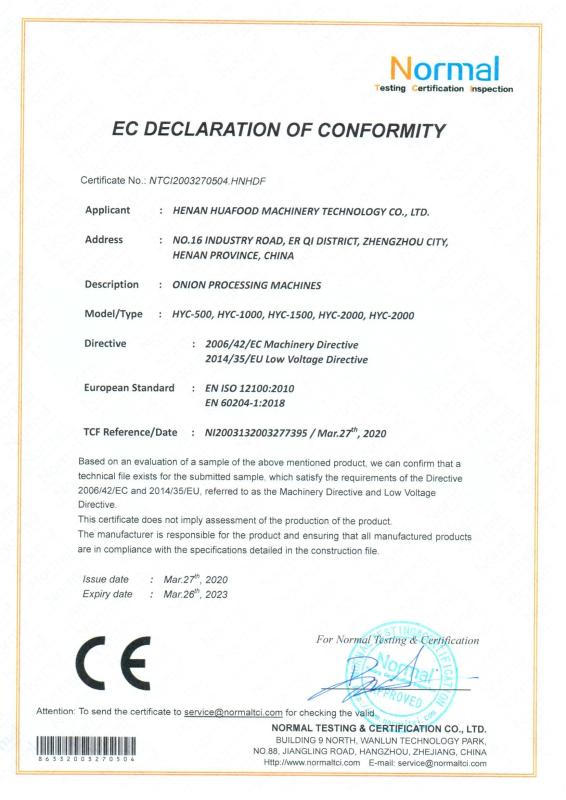 CE - Henan Huafood Machinery Technology Co.,Ltd.