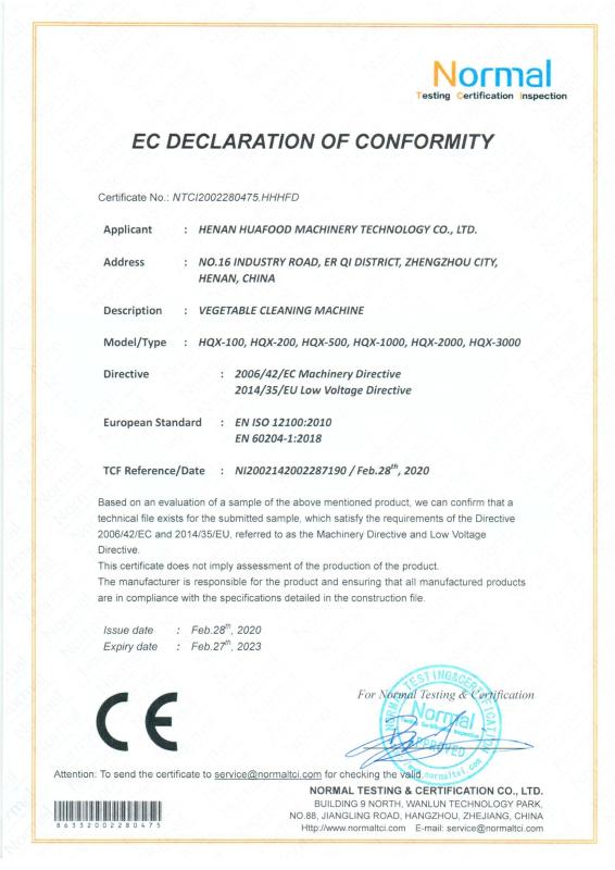 CE - Henan Huafood Machinery Technology Co.,Ltd.
