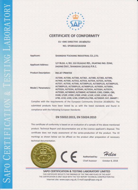 CE Certificate for Inkjet Printer - SHANGHAI YUCHANG INDUSTRIAL CO., LIMITED