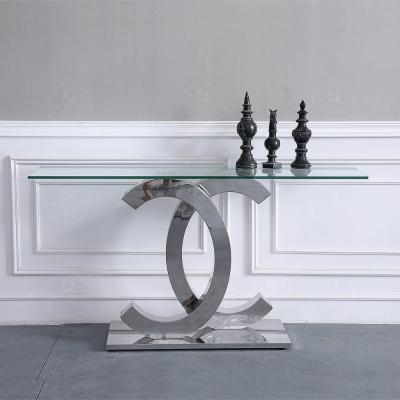China Rectangular OEM SS Console Table With Clear Tempered Glass Top for sale
