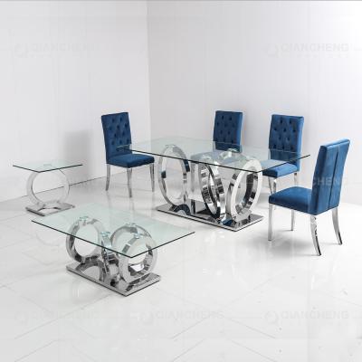 China Large 200x100x75cm Tempered Glass Dining Table Stainless Steel Metal Base for sale