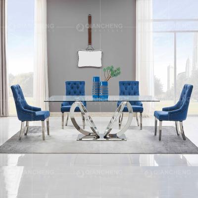 China 12mm Tempered Glass Dining Room Table And 6 Chairs Stainless Steel frame for sale