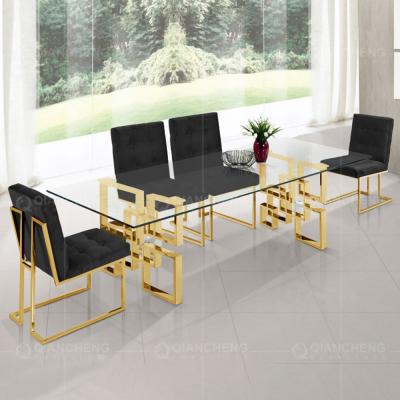 China Modern 200cm Tempered Glass Dining Table Set 6 Chairs Stainless Steel Base for sale