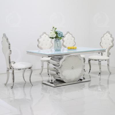 China Flower Base 160x90x75cm SS Dining Tables 6 Seater White Glass Top for sale