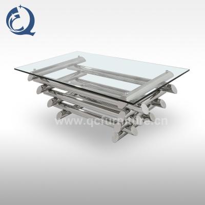 China Clear Stainless Steel Square Glass Coffee Table Chrome Finished for sale