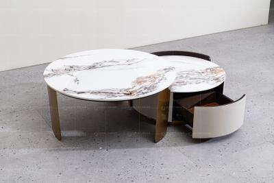 China Round Nesting SS Coffee Table With Storage Marble Top Brushed Gold Set Of 2 for sale