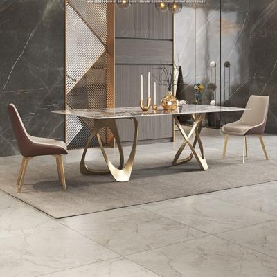 China Rectangular 2.0 Meter Marble SS Dining Table Two Gold Same Base Support Artificial Marble for sale