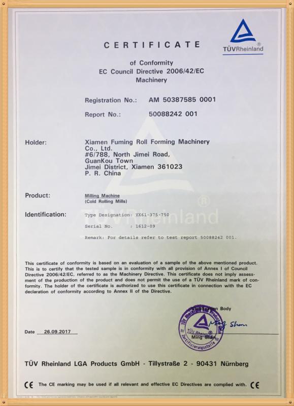 CE Certificate - XIAMEN FUMING ROLL FORMING MACHINERY CO., LTD.