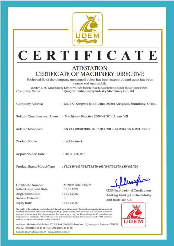 CE of aerial ladder truck - Qingdao Jiuhe Heavy Industry Machinery Co., Ltd