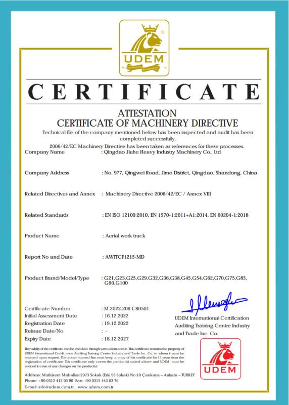 CE of aerial work truck - Qingdao Jiuhe Heavy Industry Machinery Co., Ltd