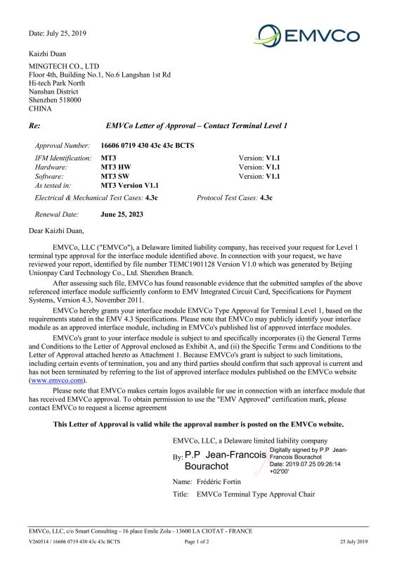 MT3 EMVCo Letter of Approval – Contact Terminal Level 1 - Shenzhen MingTech Co.,Ltd