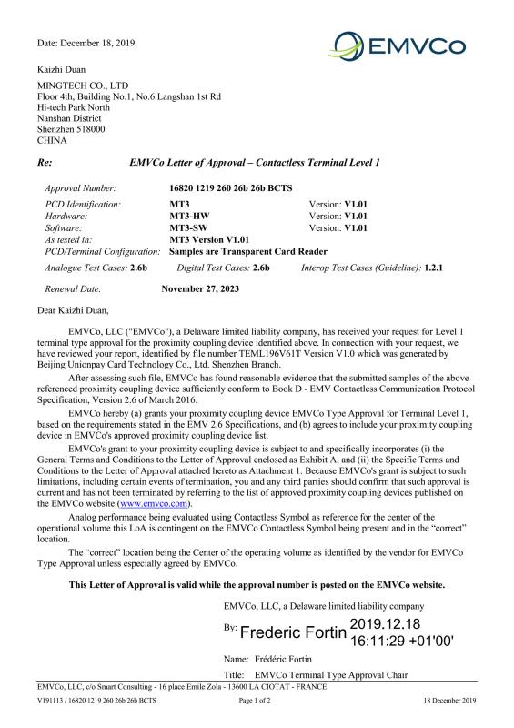 MT3 EMVCo Letter of Approval – Contactless Terminal Level 1 - Shenzhen MingTech Co.,Ltd