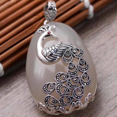 China Sterling Silver Peafowl Style  White Chalcedony Pendant Neclace (041001) for sale