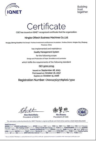 ISO9001 - Ningbo Ofitech Business Machines Co., Ltd.