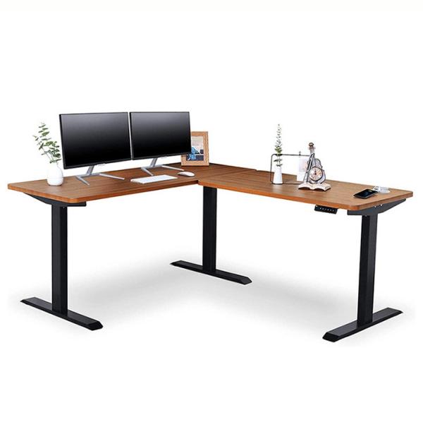 Quality Modern Design Style Brown Wooden L Shaped Height Adjustable Table with Triple Motor for sale