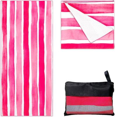 China Summer Quick Dry Anti Sand Microfiber Striped Beach Towel With Bag for sale