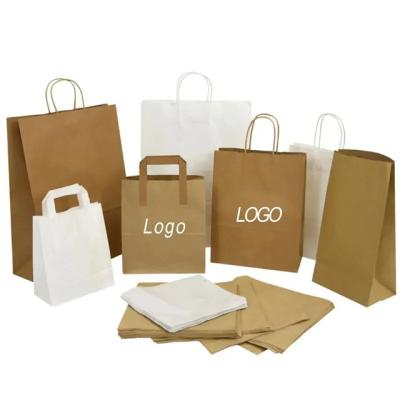 중국 로고가 있는 재활용 가능한 크래프트 브라운 흰색 종이 가방 평면 손잡이 식품 포장품 가져가기용 종이 쇼핑 종이 가방 판매용