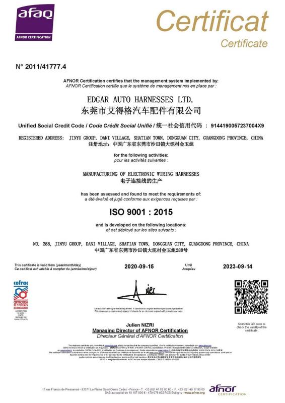 ISO 9001 2015 - Edgar Auto Harnesses LTD.