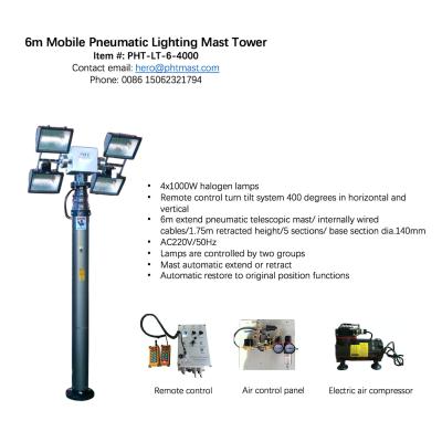 China 6m pneumatic telescopic lighting mast with 4000W lamps and remote turn tilt control system for sale