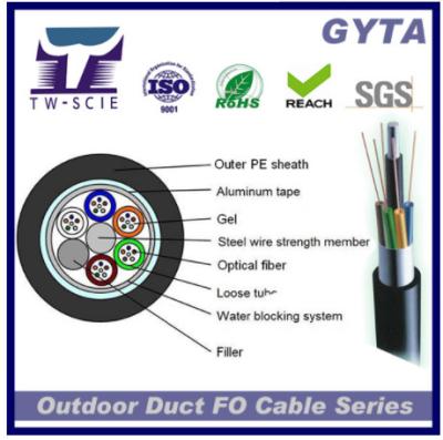 China Cable de fribra óptica para exteriores blindado con chaqueta negra PE GYTA 2/4/6/8/10/12/24/36/48/72/144/núcleo en venta