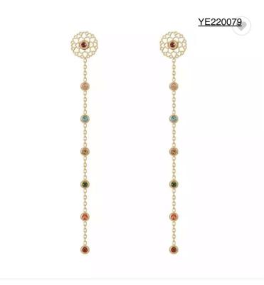 China 6cm Girls Stainless Steel Gold Earrings Long Dangle Colored Rhinestone Earrings for sale