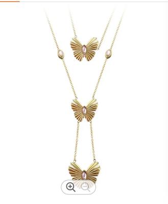 China 18K Gold Plated Stainless Steel Jewelry Double Chain Pink Zircon Butterfly Pendant Accessories Necklaces for sale