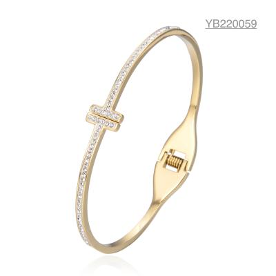 China Royal Style T Shaped Full Diamond Bangle 14 Karat Gold Adjustable Bracelet for sale