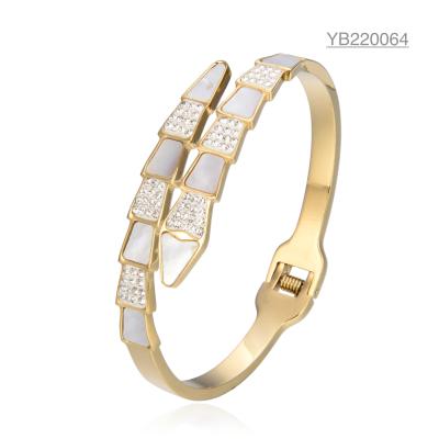 China Luxury Brand K Gold Stainless Steel Bangle Open Large Rhinestone Snake Bracelet for sale