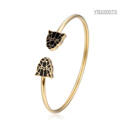 China 18k Gold Stainless Steel Open Bangle Bracelet Black Leopard Enamel Bangles for sale