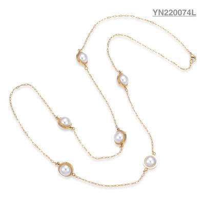 China CE Ladies Stainless Steel Layered Necklace Pearl Inlay Long Pendant Necklace for sale