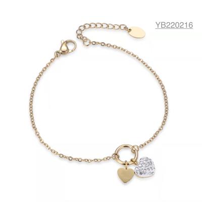 China 16cm Double Heart Rhinestone Bangle 14k Gold Stainless Romantic Bracelets For Her for sale