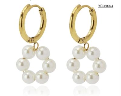 China Delicate Woman Dangler Circle Pearl Drop Earrings Gold Stainless Steel Earrings for sale