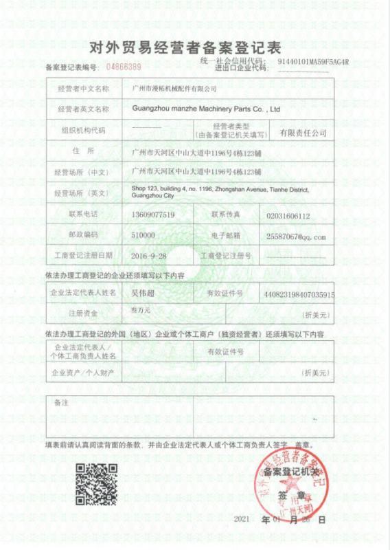 对外贸易登记 - Guangzhou Menzeh Machinery Parts Co., Ltd.