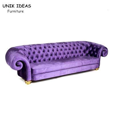 China Purple Velvet 3 Seats Button Tufted Sofa Wood Frame Club Lounge Sofa for sale